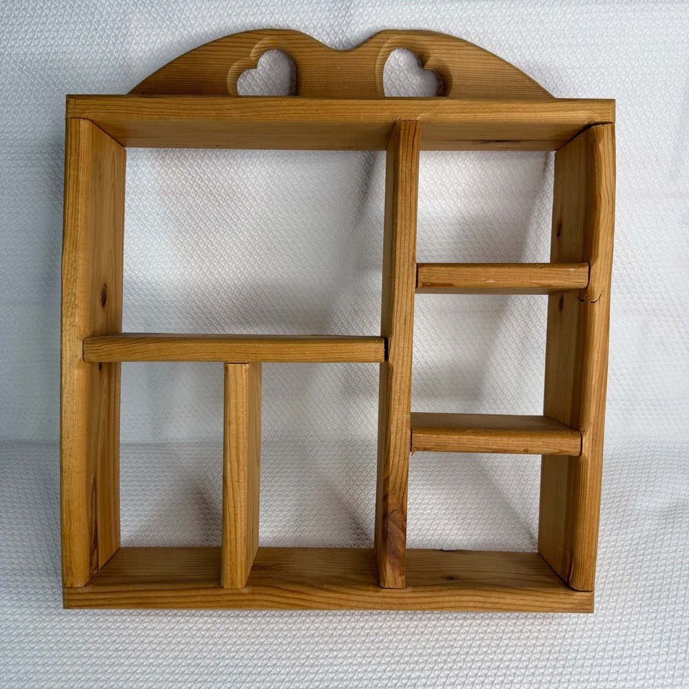 VTG 90s Pine Wood Shadow Box Trinket Wall Shelf Heart Cutouts Cottage 19x16in